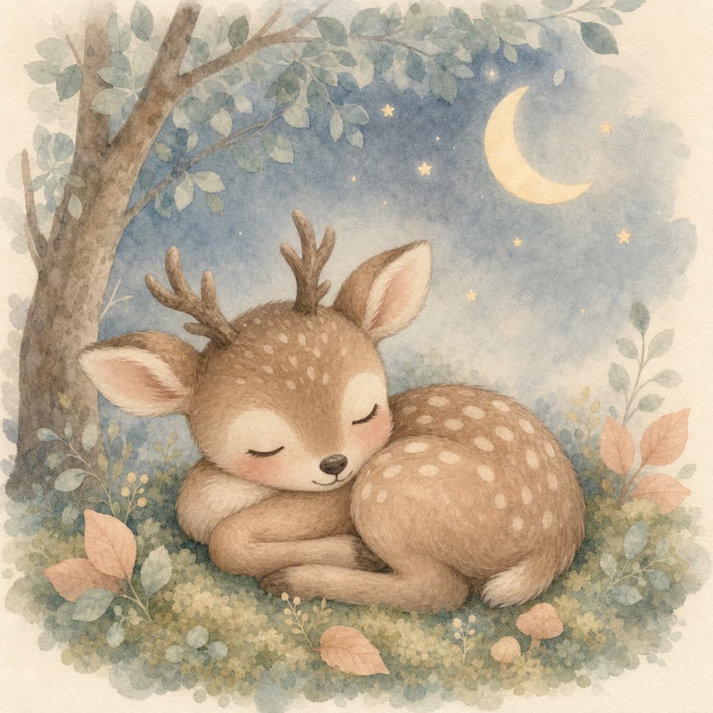Baby deer curled in a mossy leaf bed, the crescent moon glowing softly through the trees.