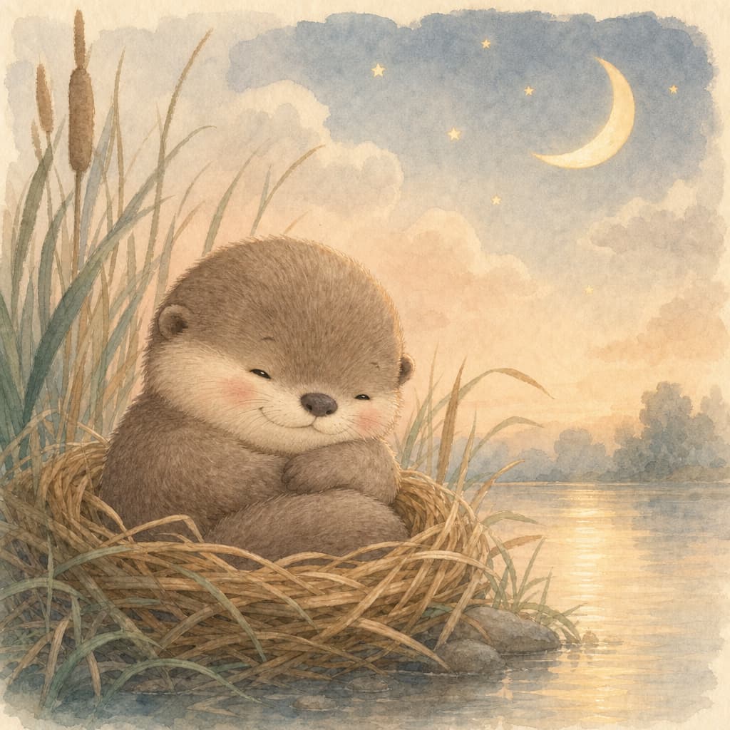 Baby otter in a cozy reed nest at the edge of a pond glowing gold in the evening light.