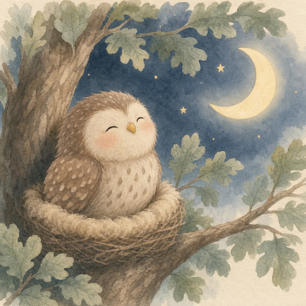 Nora the little owl sits in her cozy nest as the big round moon glows softly through the oak leaves.