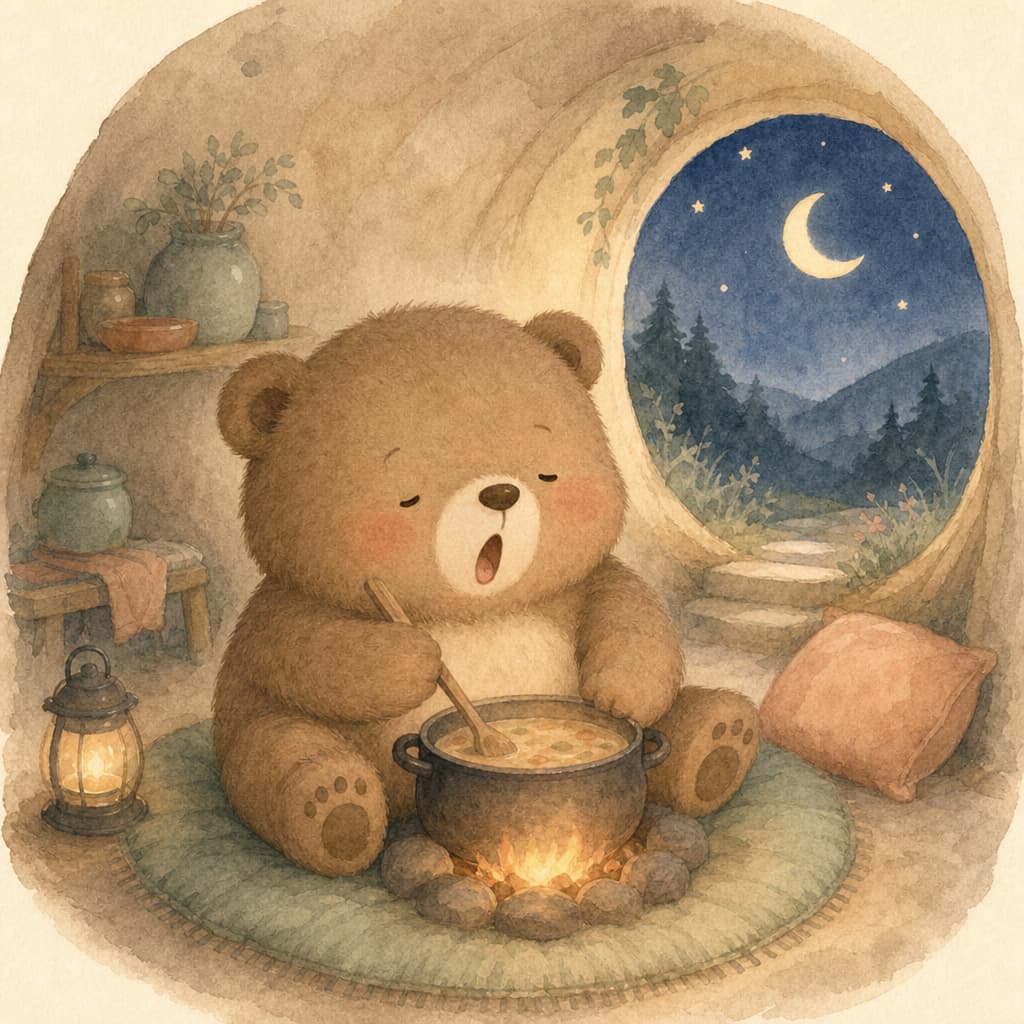 Bruno the bear stirs a warm pot of soup in his cozy little den by a glowing fire.