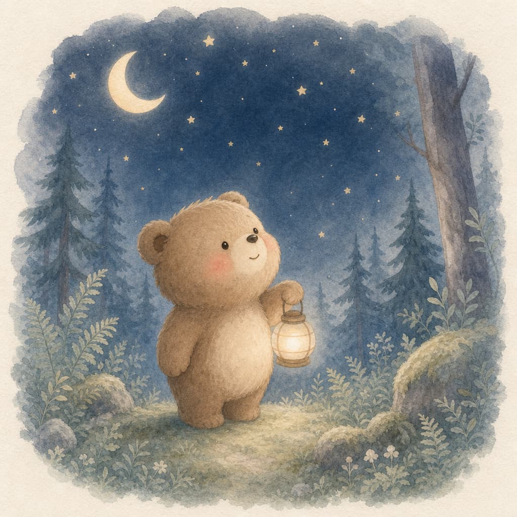 Bruno stands in a quiet forest clearing and looks up at a sky full of tiny gold stars, his lantern glowing.