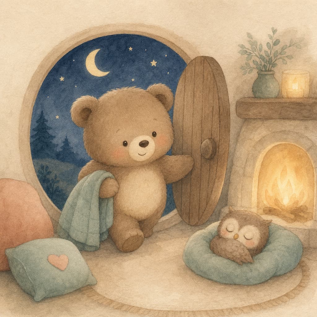 Bruno comes home to his warm den where the fire glows and little Pip the owl is curled sleepily by the hearth.