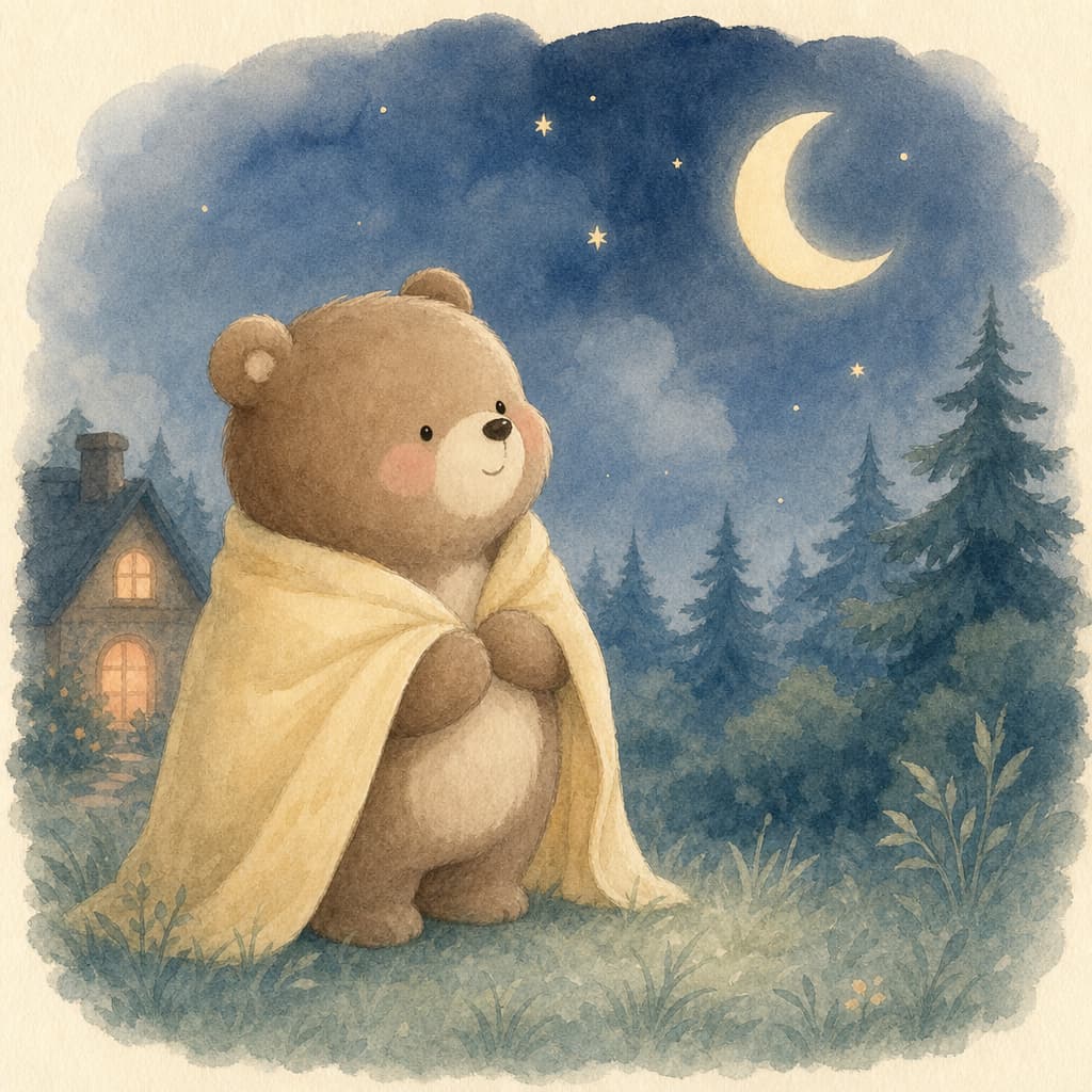 Bruno the bear stands in the moonlit grass, a soft blanket around his shoulders.