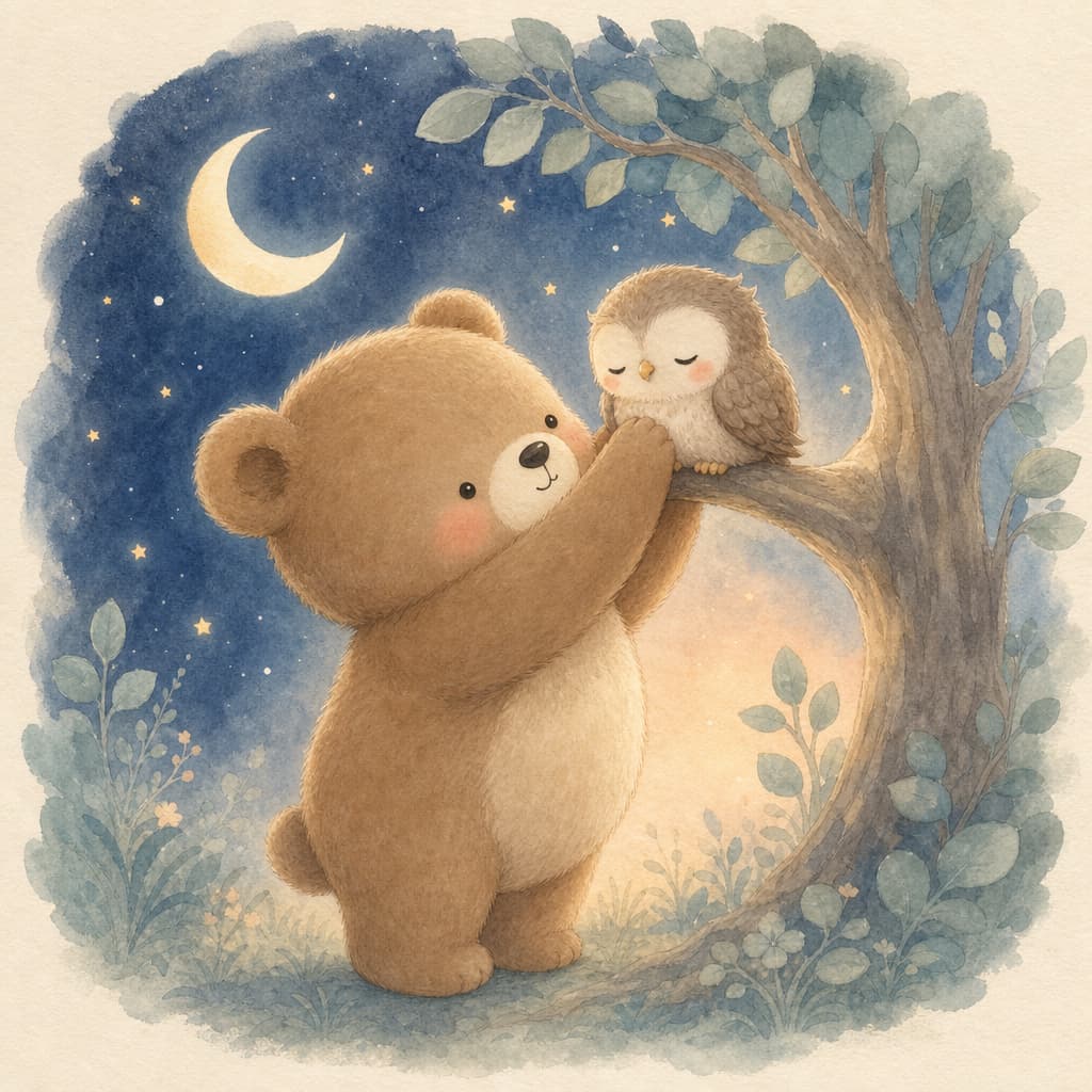 Bruno gently helps a sleepy little owl settle onto a low, round branch.