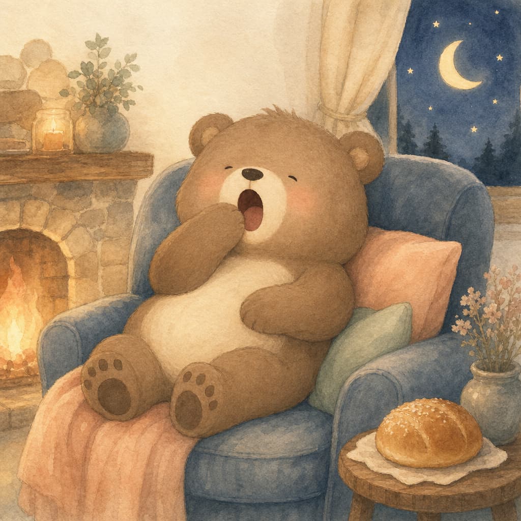 Bruno the bear yawns sleepily in his big chair by the low fire, with warm bread nearby.