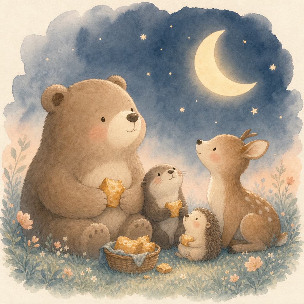 Bruno and his little friends sit close together under the round moon, sharing soft bread in the quiet night.