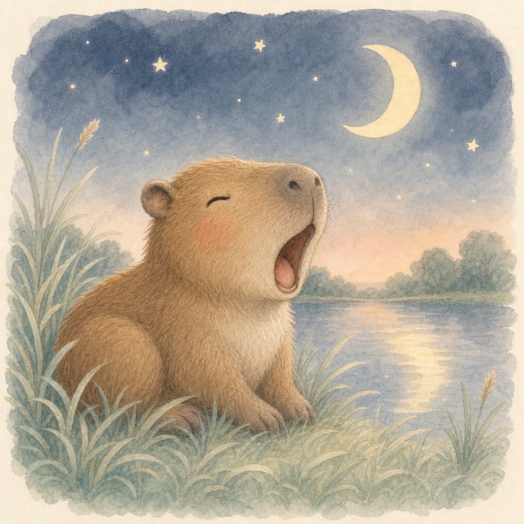 A capivara Tuca se aninha na grama morna sob uma lua macia e redonda, com as primeiras estrelas sobre o lago liso.
