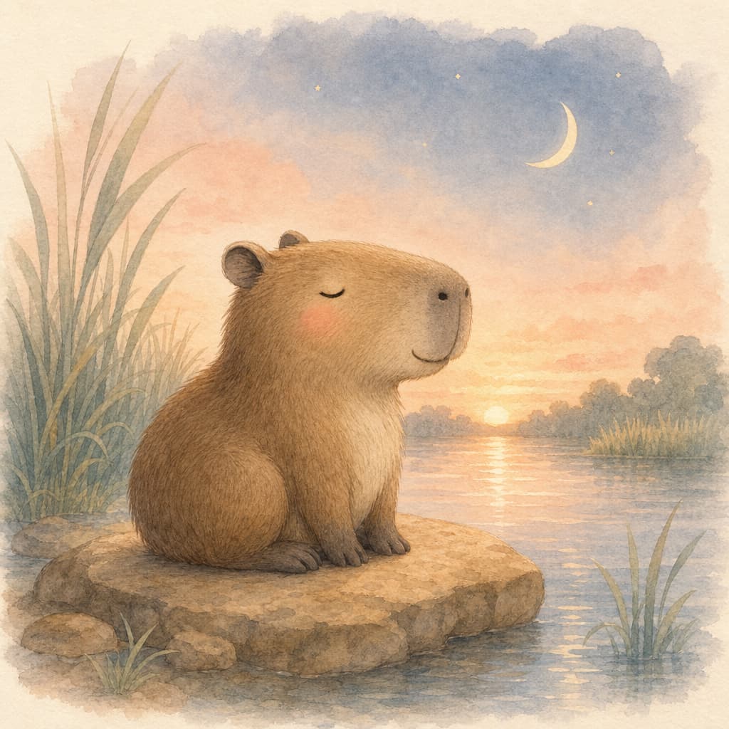 A calm baby capybara sitting alone on a warm flat stone by a slow river at sunset.