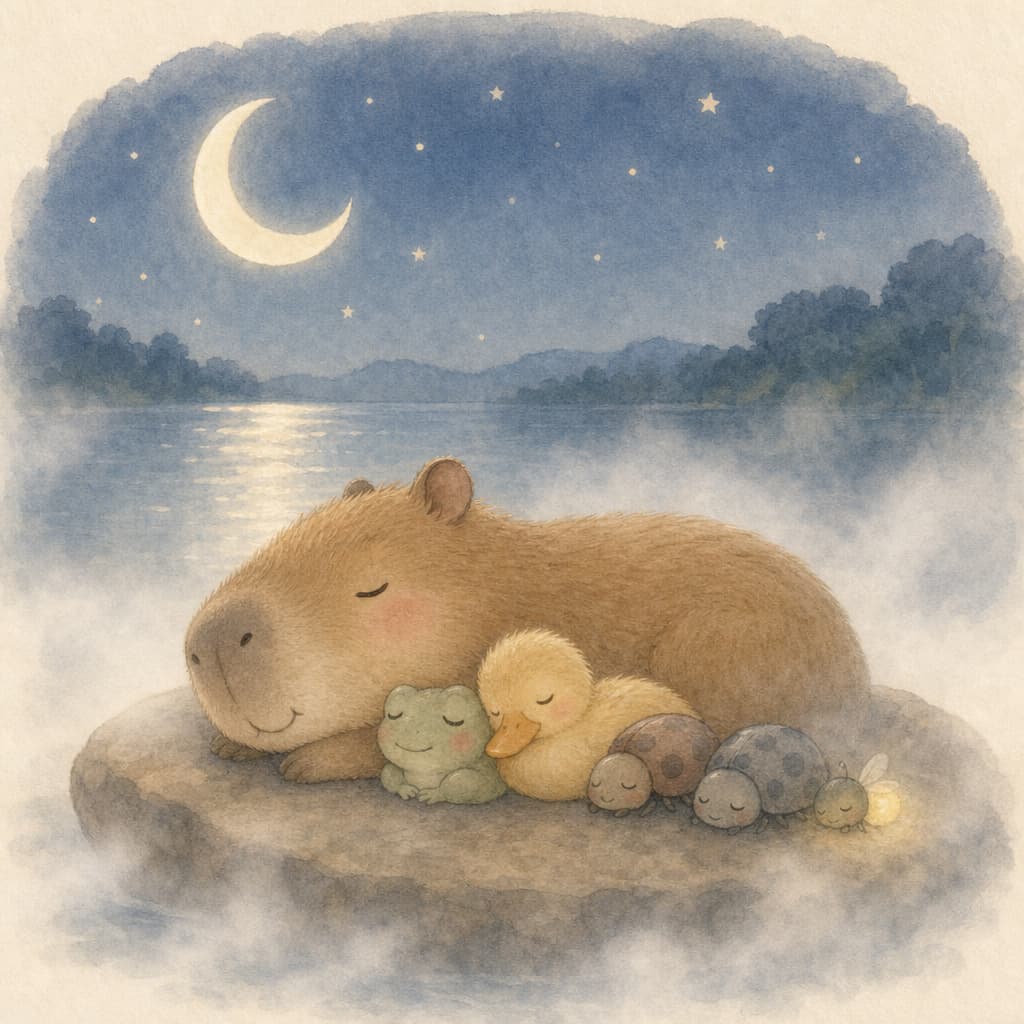 A capivarinha e todos os amiguinhos dormindo juntos na pedra sob uma grande lua prateada, envoltos numa neblina branca e macia do rio.