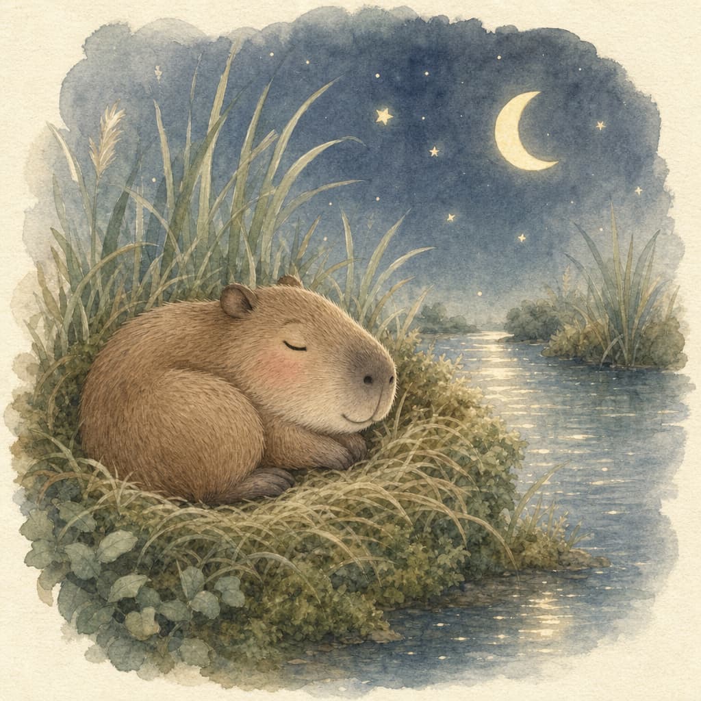 Tuca the capybara rests in her cozy grass-and-moss nest by the slow, quiet river at night.