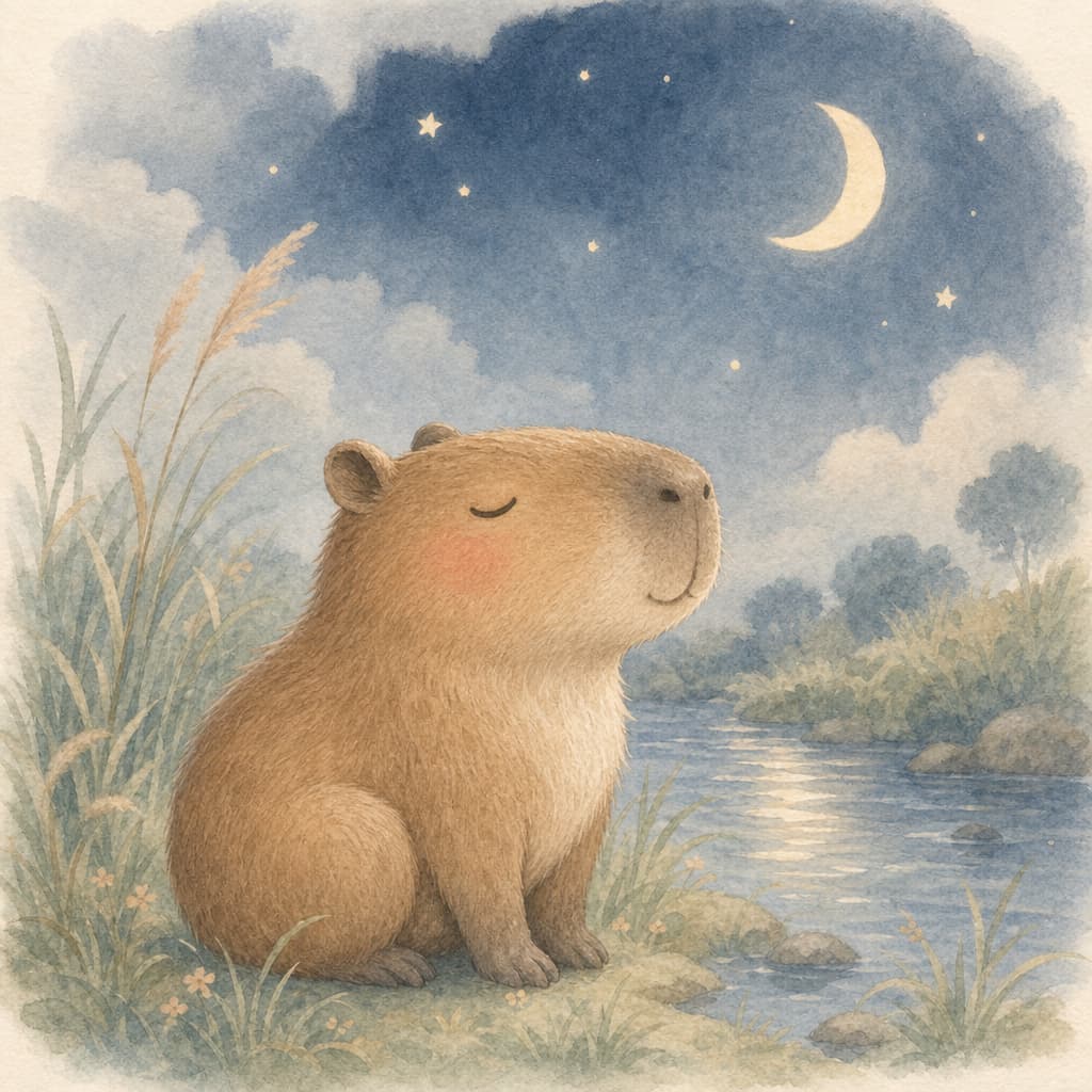 Tuca the capybara sits calmly by the quiet river under a softly waking moon.