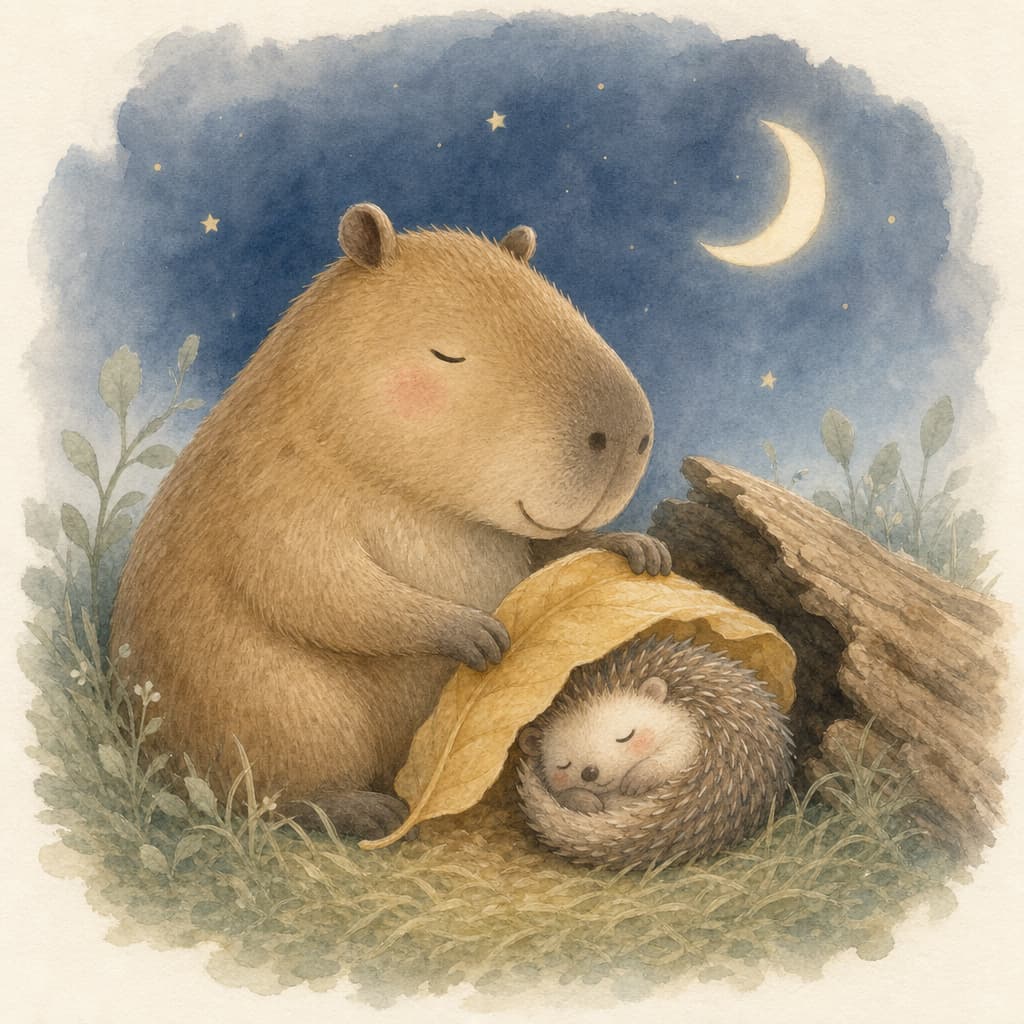 Tuca tucks the warm golden leaf over tiny sleepy Pipo the hedgehog in the soft grass.