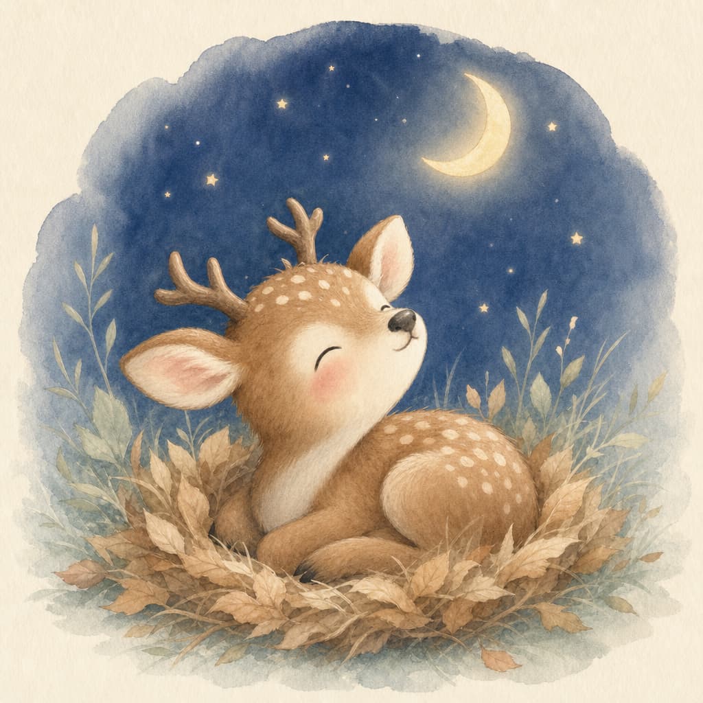 Nino the little fawn rests in his nest of warm leaves under a small silver moon.