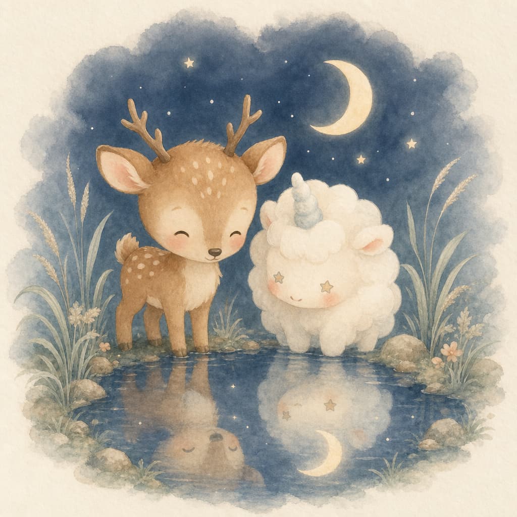 Nino and the soft white cloud unicorn gaze at their reflection in a still moonlit pond.