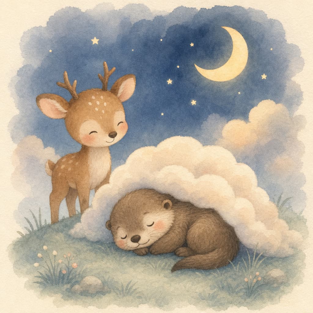 Otter sleeps snug under a soft warm cloud-quilt while Nino watches gently nearby.