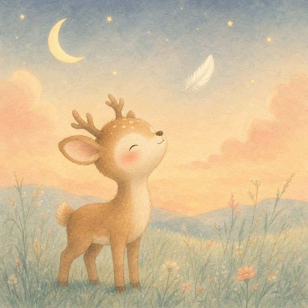 Nino the little fawn stands in a golden evening meadow, watching a tiny white feather drift over the grass.