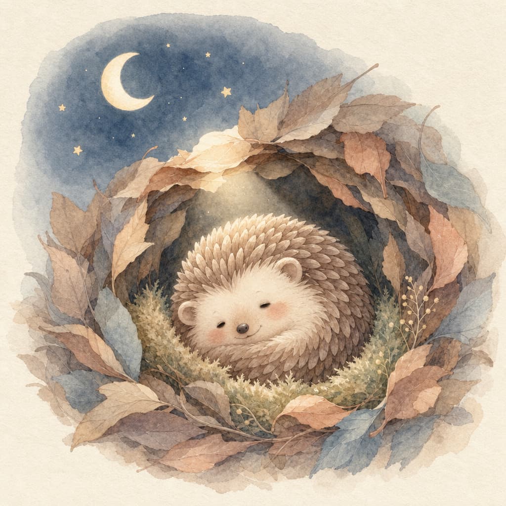 Pip the baby hedgehog curled cozily in his leafy mossy nest under a sliver of moonlight.
