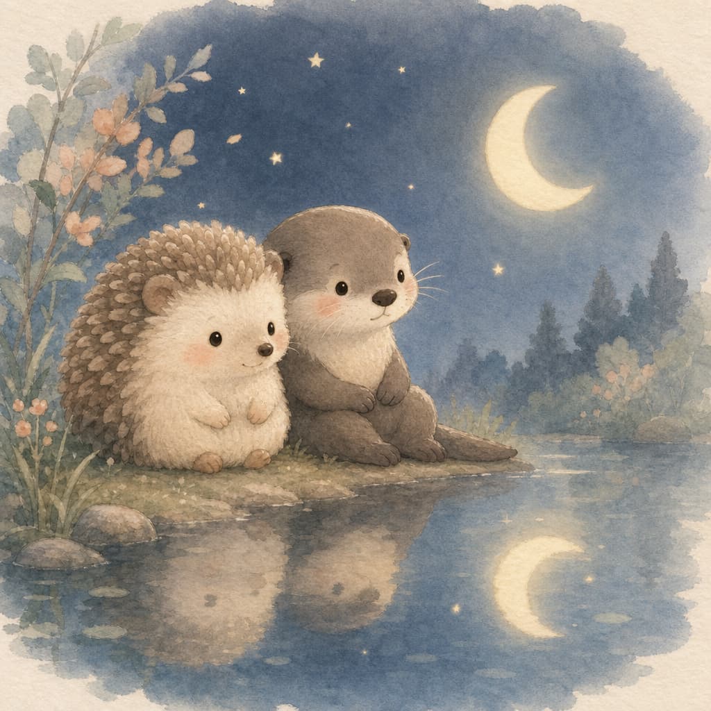 Pip et son amie Loutre assis tranquillement ensemble pres de l'etang calme au clair de lune.