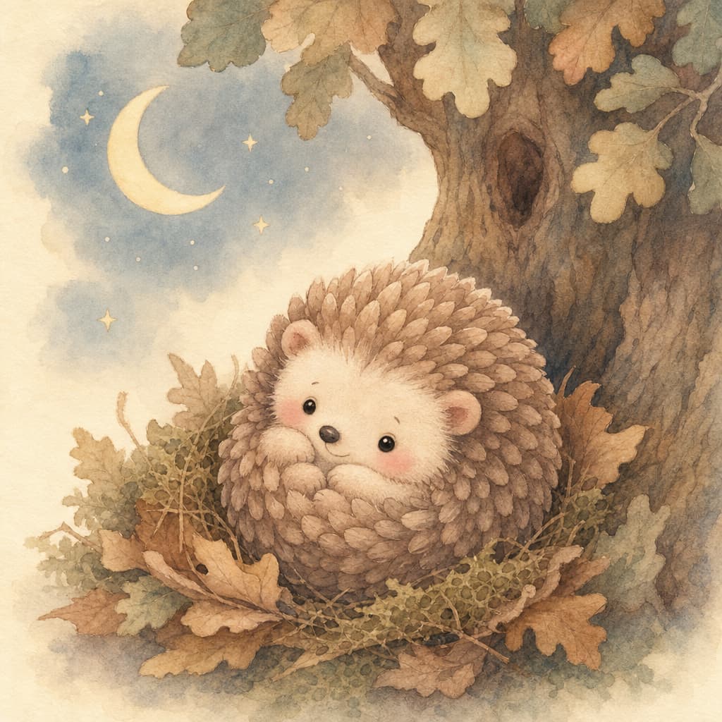 Pip the hedgehog rests in his cozy leaf nest under the old oak in honey evening light.
