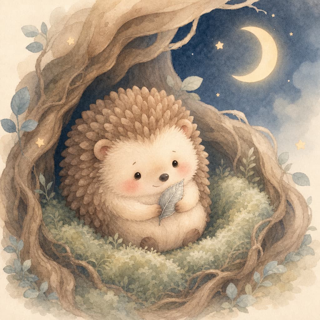 Pip the little hedgehog sits in his cozy moss nest, holding a silver leaf in the soft moonlight.