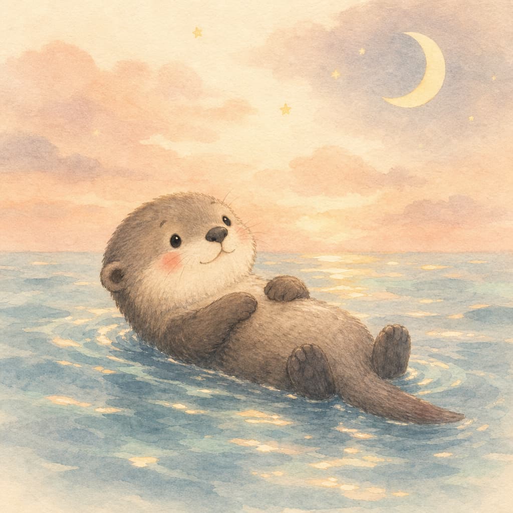 A baby otter with a cream chest floats on her back on a calm golden sea, paws resting on her round tummy.