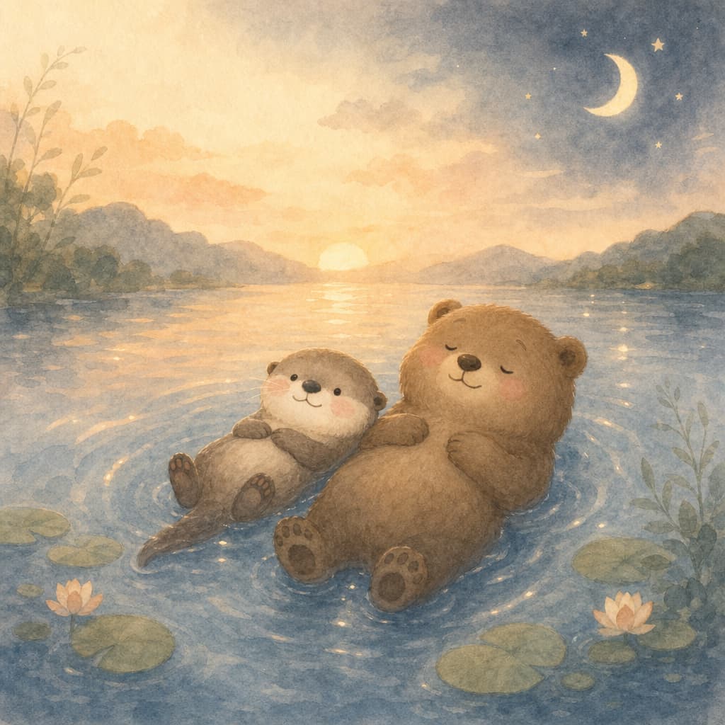 The little otter and her bear friend float side by side on a golden evening sea as the sun slips low.