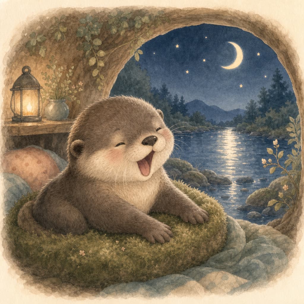 Lottie the otter rests on her cozy moss bed beside the quiet moonlit river.