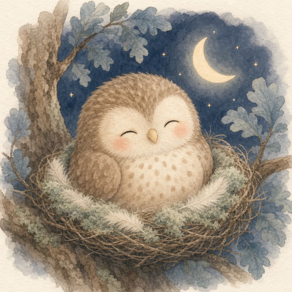 Nora the little owl rests cozy in her round mossy nest, high in the old oak under a soft pale moon.