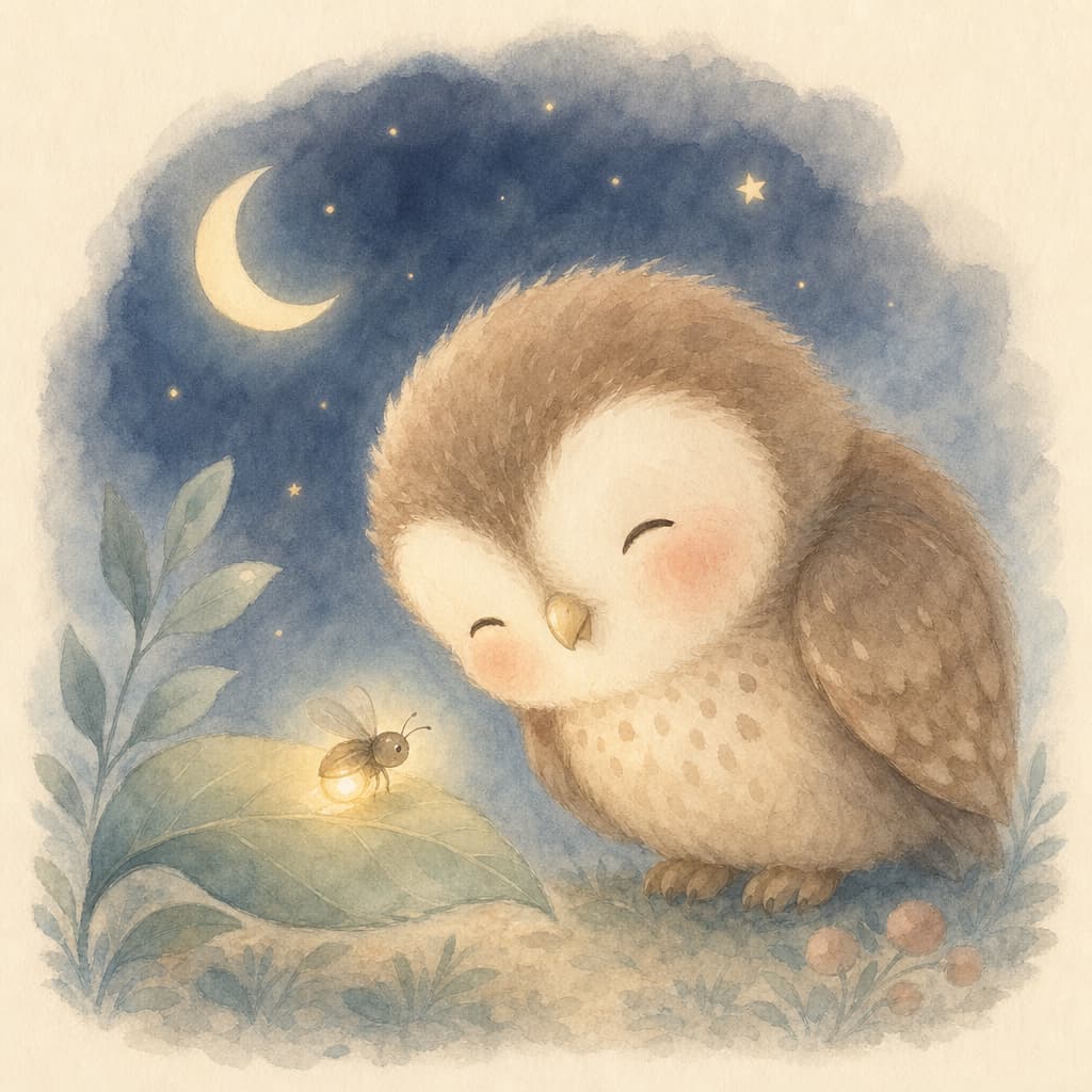 Nora leans gently toward a tiny green firefly glowing on a leaf beside her nest.