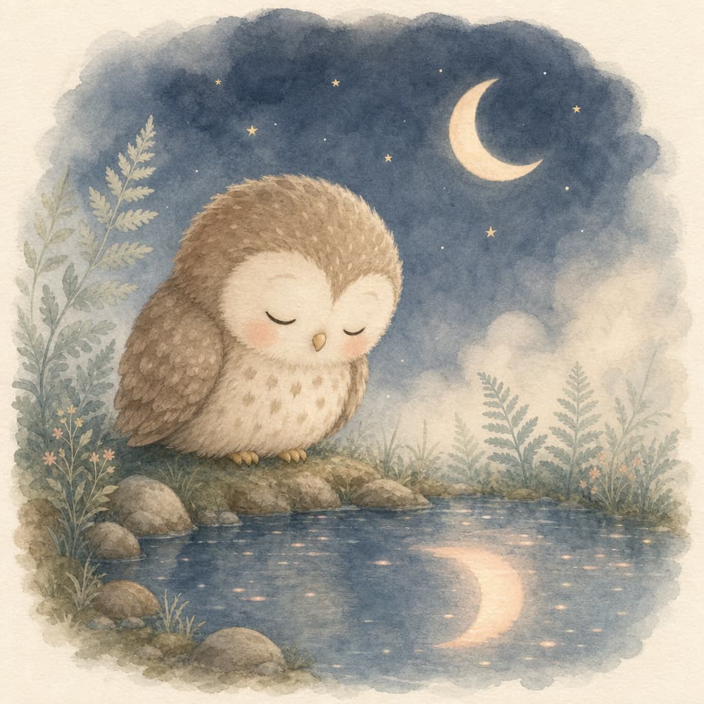 Nora gazes at a still moonlit pond where the round moon floats softly on the dark water.