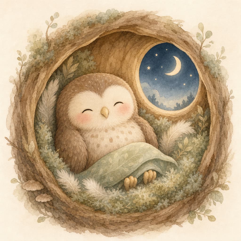A round, fluffy baby owl with closed eyes resting in a cozy mossy hollow.
