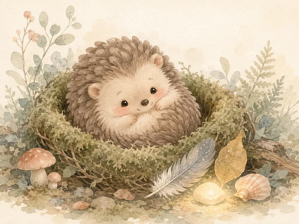 Pip the baby hedgehog curled in his mossy nest beside a feather, a golden leaf, a shell, and a softly glowing pebble.