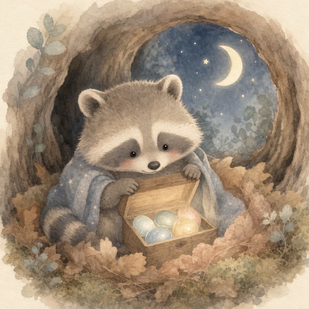 Remi the little raccoon opens a small wooden box of five glowing stones in his cozy moonlit nest.