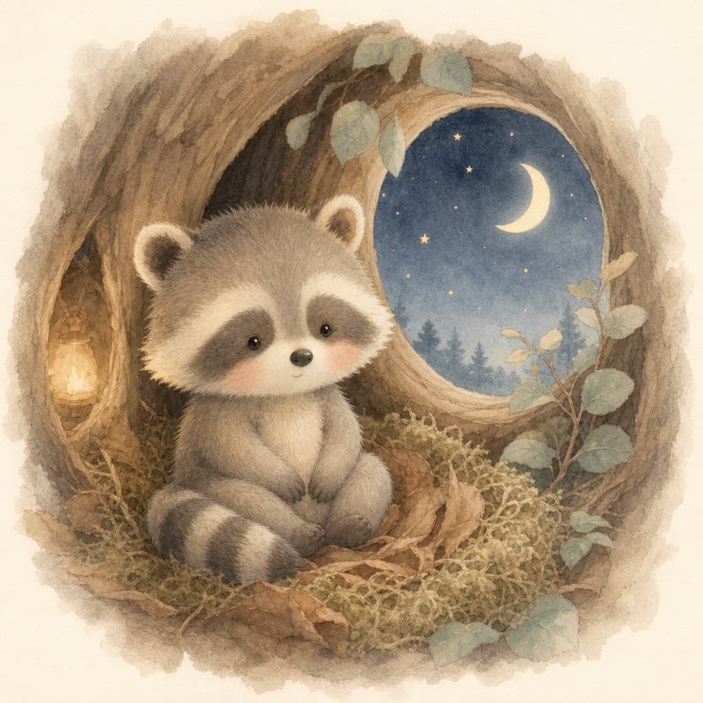 Remi the little raccoon sits snug in his cozy mossy nest as the evening light glows softly.