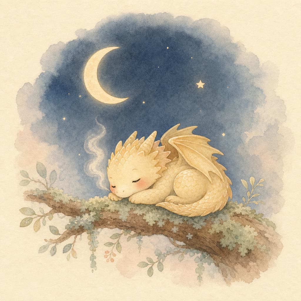 A tiny butter-yellow dragon no bigger than a teacup rests on a low branch in the dusty blue dusk.