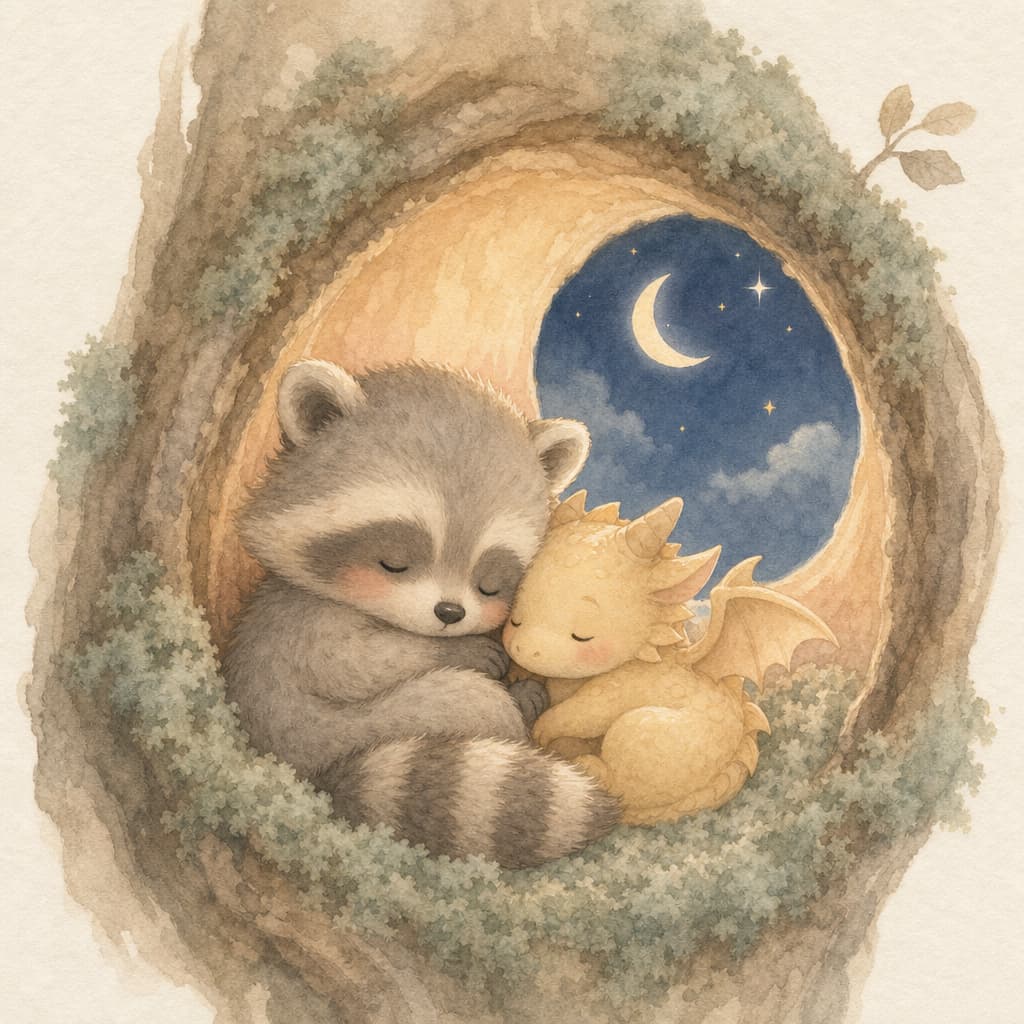 Remi and the little dragon curl up together in the warm glowing hollow, breathing slow and cozy.