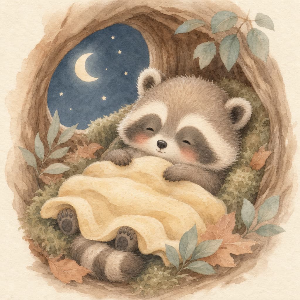 Remi the little raccoon snug in his mossy nest under a low round moon.